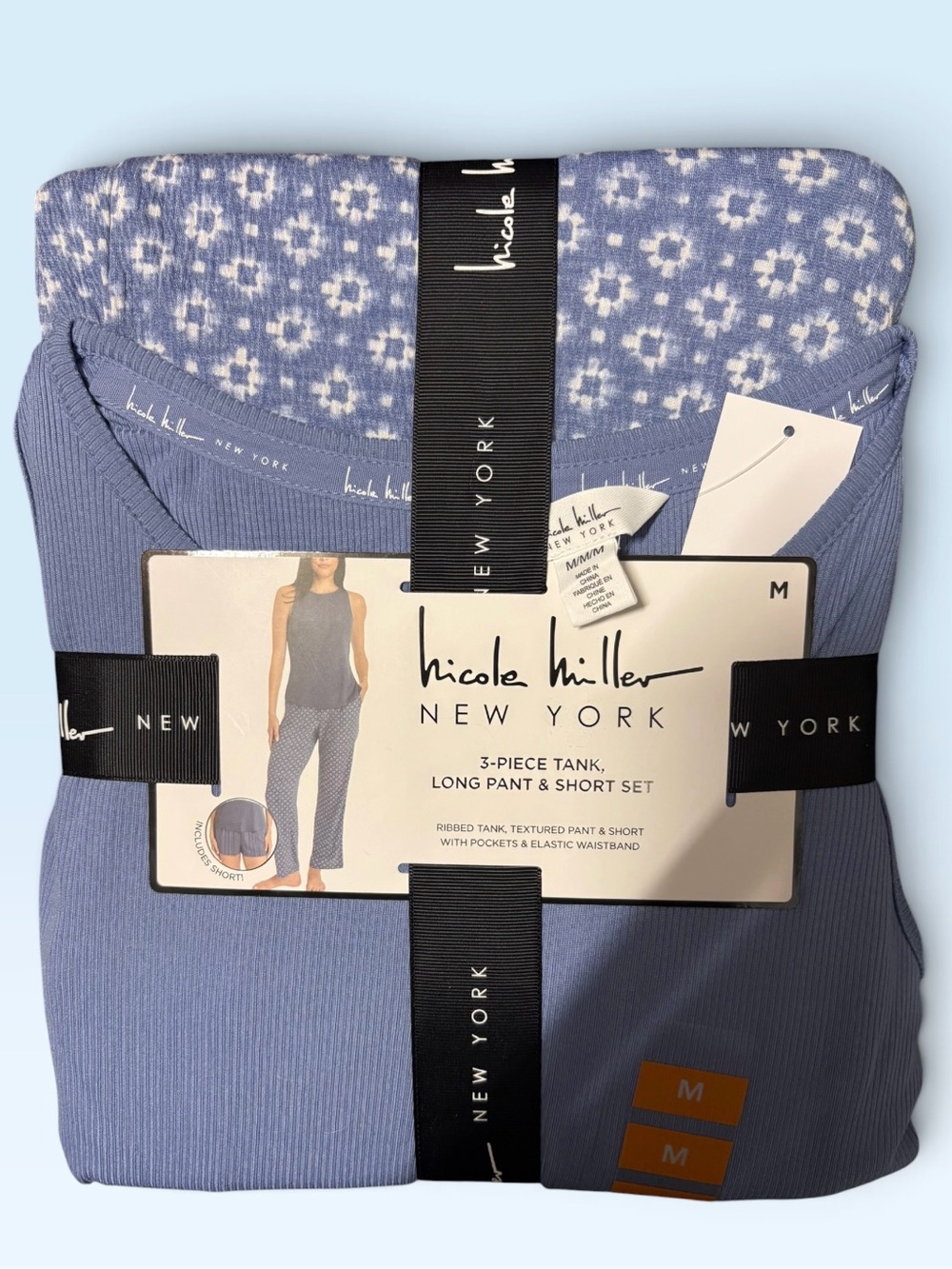 NWT Nicole Miller New York 3-Piece Pajama Set Blue Tank Long Pants and Shorts M